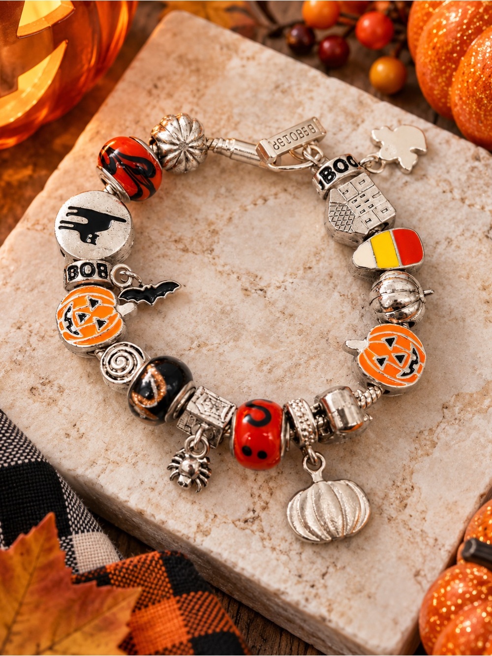 547. Halloween Charm Bracelet Pumpkin Ghost Bat BOO Candy Corn Spider 8”